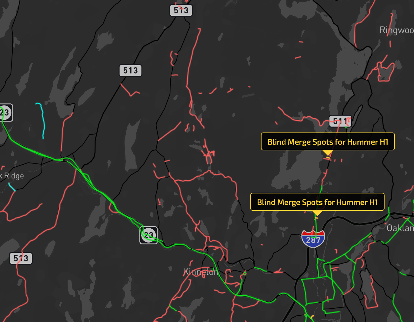 Hummer H1 map — blind merges, narrow roads